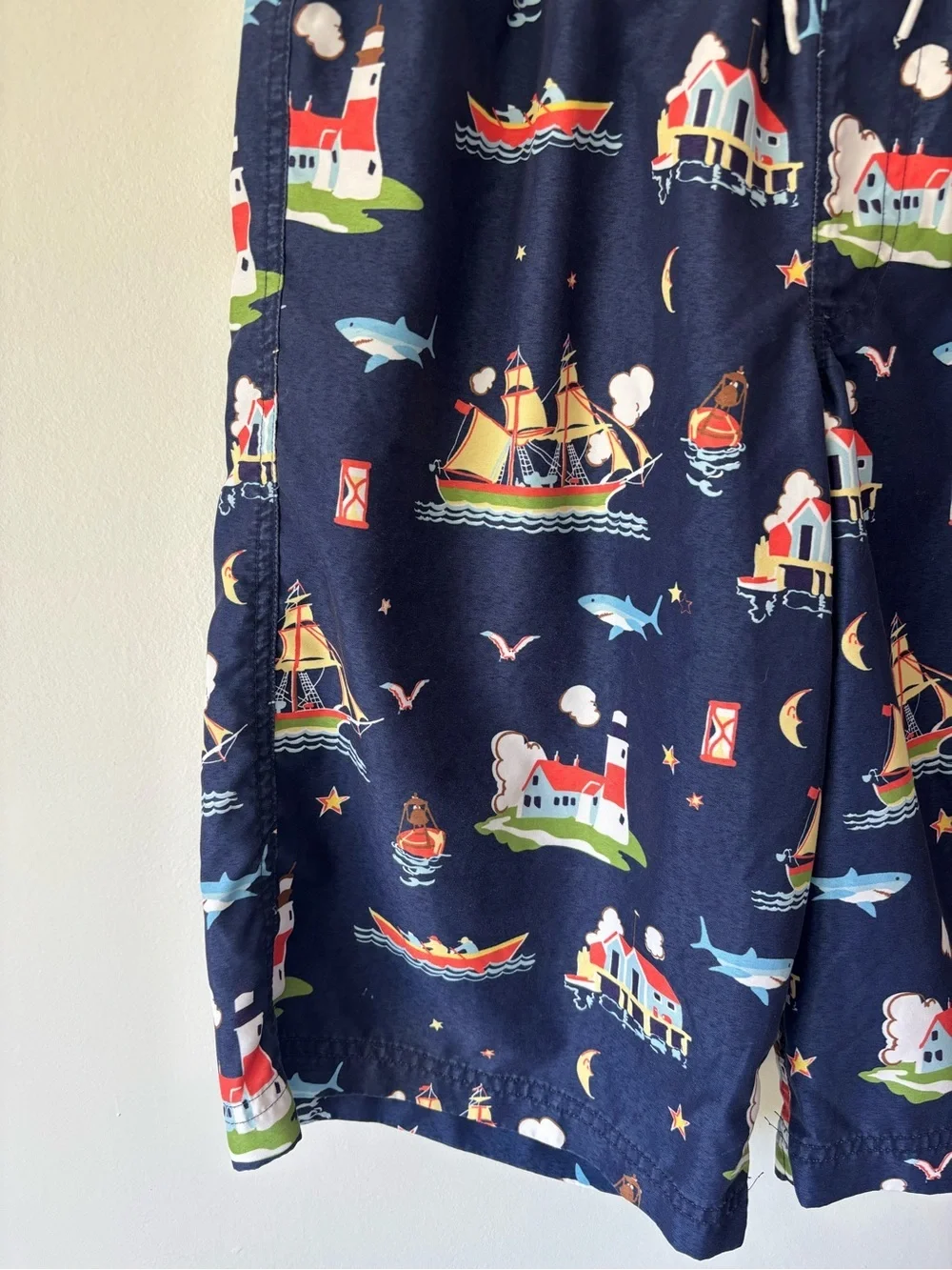 Hanna Anderson Navy Blue Swim Trunks Shorts Nautical Boats Lighthouse Beach Pool
